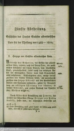 Fünfte Abtheilung. Geschichte des Hauses Sachsen albertinischer Linie seit der Theilung von 1485-1812