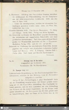 No. 14. Sitzung vom 19. December 1884