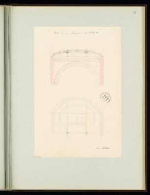 Gewölbte Decke über einem Treppenhaus mit Oberlicht Monatskonkurrenz Juni 1862: Grundriss der Konstruktion, Längsschnitt