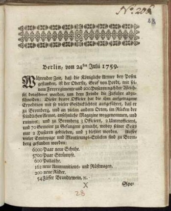 Berlin, vom 24sten Julii 1759 : Währender Zeit, daß die Königliche Armee bey Posen gestanden ...