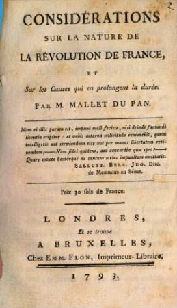 Considerations sur la nature de la revolution de France : et sur les causes qui en prolongent la durée