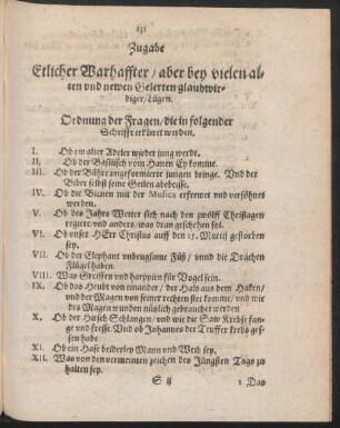 Ordnung der Fragen/ die in folgender Schrifft erkleret werden.