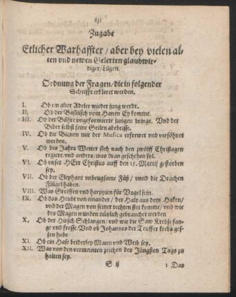 Ordnung der Fragen/ die in folgender Schrifft erkleret werden.