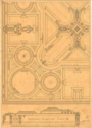 Lange, Ludwig; Lange - Archiv: X.7 Getäfel - Plafond im Rathaus zu Augsburg, Saal III (Detail, Schnitt)