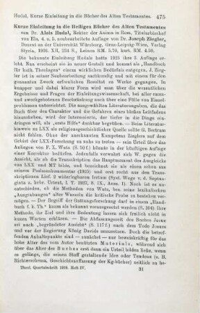 475-476 [Rezension] Hudal, Alois, Kurze Einleitung in die Heiligen Bücher des Alten Testamentes