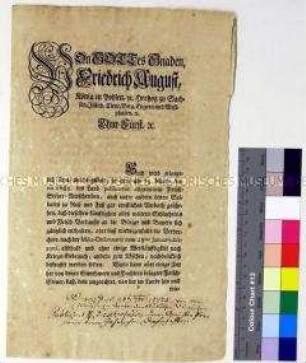 Mandat von Friedrich August I. Kurfürst von Sachsen mit Erneuerung des Verbots für Soldaten, das Schlachten und Fleischhandeln zu betreiben