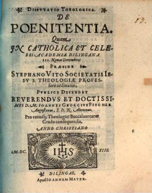 Dispvtatio Theologica, De Poenitentia