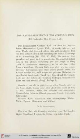 Das Nachlass-Inventar von Cornelis Kick