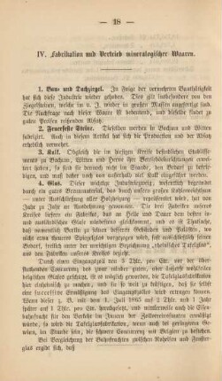 IV. Fabrikation und Vertrieb mineralogischer Waaren.