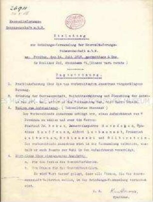 Einladung zur Gründungsversammlung der Heereslieferungs-Genossenschaft
