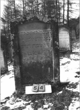 Grabstein 54 (Index: 99608738) Material: Sandstein Zustand: leicht verwittert Maße HxBxT: 106x63x12 cm Beschreibung: Stele mit flachem Spitzgiebel, vertiefter Textteil in gleicher Form: Grabstein 54