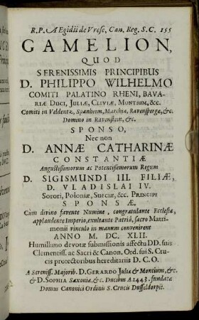 Gamelion, Quod Serenissimis Principibus D. Philippo Wilhelmo Comiti Palatino Rheni [...]