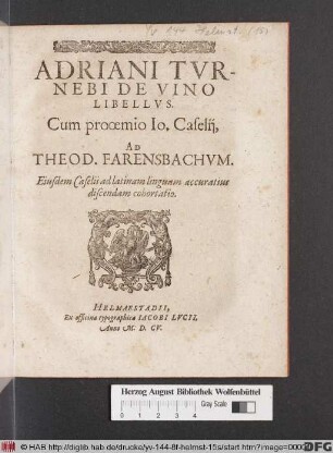 Adriani Turnebi De Vino Libellus