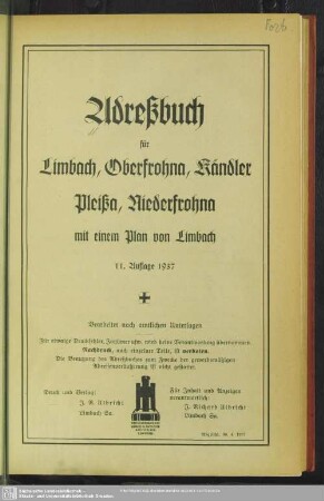 11.1937: Adreßbuch für Limbach, Oberfrohna, Kändler, Pleißa, Niederfrohna : mit e. Plan von Limbach