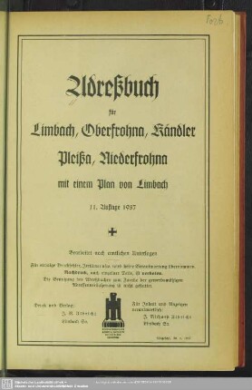 11.1937: Adreßbuch für Limbach, Oberfrohna, Kändler, Pleißa, Niederfrohna : mit e. Plan von Limbach