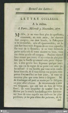 Lettre CCCLXXIII. A la même. A Paris, Mécredi 3. Novembre, 1677