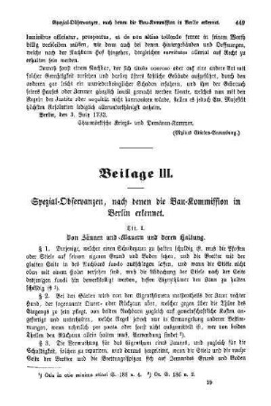 Beilage III. Spezial-Observanzen, nach denen die Bau-Kommission in Berlin erkennet