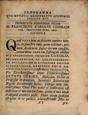 Francisci Caroli Conradi ... Oratio in abdicatione Magistratus academici in Academia Iulia, die II. Januarii 1741 dicta