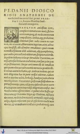 Pedanii Dioscoridis Anazarbei De medicinali libri primi Praefatio