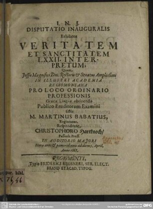 Disputatio de veritate et sanctitate LXXXII interpretum