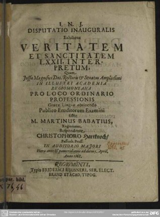 Disputatio de veritate et sanctitate LXXXII interpretum