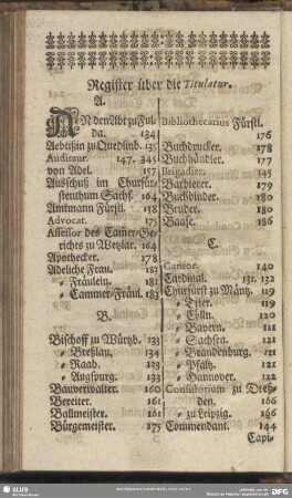 Register über die Titulatur