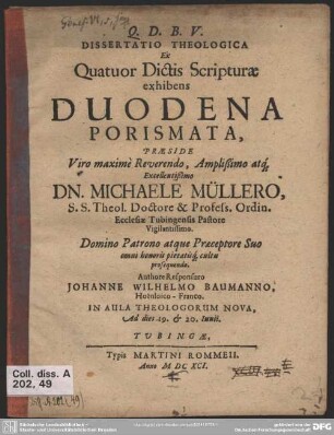 Dissertatio theologica ex quatuor dictis scripturae exhibens duodena porismata