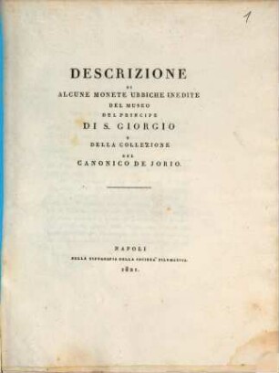 Descrizione di alcune monete urbiche inedite del Museo del Principe di San Giorgio e della collezione del Canonico de Jorio