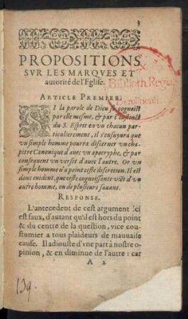 PROPOSITIONS || DV SIEVR DV || PERRON, EVESQVE || D'EVVREVX SVR LES || MARQVES ET AVTORITE || de l'Eglise.|| ET || VNE LETTRE D'VN GENTIL-||homme Anglois de mesme suiet || AVEC || La response du sieur PELISSON conseiller du Roy ... ||