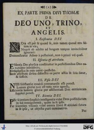 Ex Parte Prima Divi Thomae De Deo Uno, Trino Et Angelis.