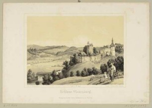 Schloss Wiesenburg (Wildenfels) südöstlich von Zwickau in Sachsen von Nordwesten mit dem Tal der Zwickauer Mulde, aus dem Album der Obererzgebirgischen Staats-Eisenbahn