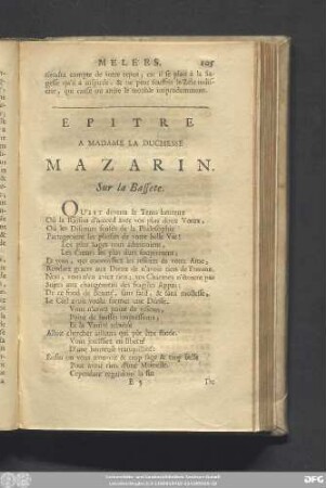 Epitre A Madame La Duchesse Mazarin. Sur la Bassete.