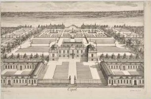 Schloss Caputh mit umliegendem Garten aus der Vogelschau.