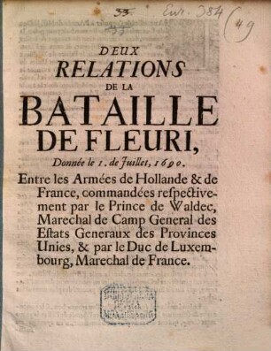 Deux Relations de la Bataille de Fleure donnée le 1. de Juillet 1690