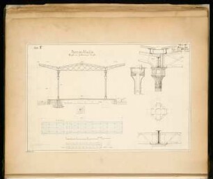Bahnsteig Monatskonkurrenz März 1871: Grundriss, Querschnitt, Konstruktionsdetails; 2 Maßstabsleisten