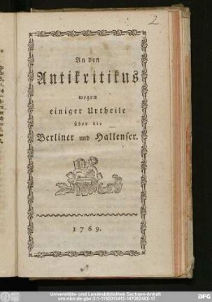 An den Antikritikus wegen einiger Urtheile über die Berliner und Hallenser