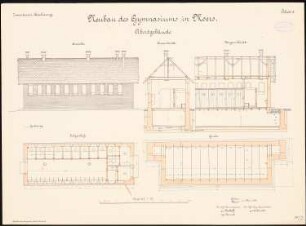 Gymnasium, Moers: Abort: Grundriss Grube, Erdgeschoss, Aufriss, Längsschnitt, Querschnitt 1:50