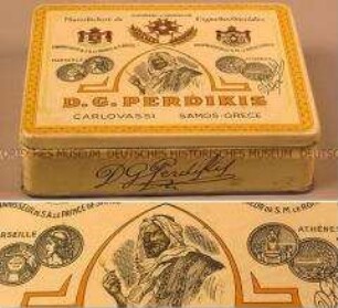 Blechdose für "100 CIGARETTES 'LUXE No 20', Manufacture de Cigarettes Orientales, D.G.PERDIKIS, CARLOVASSI SAMOS-GRECE"
