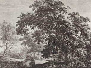 Große Eiche mit Angler und Steinbrücke