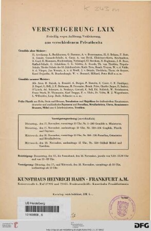 Gemälde alter Meister ..., Gemälde neuerer Meister ..., frühe Plastik ... : freiwillig, wegen Auflösung, Verkleinerung ; aus verschiedenem Privatbesitz ; [17. - 18. November 1942] (Katalog Nr. 69)