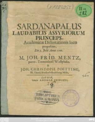 Sardanapalus Laudabilis Assyriorum Princeps
