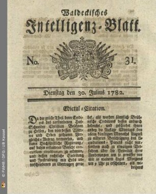 No. 31, Dienstag den 30. Julius 1782