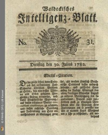 No. 31, Dienstag den 30. Julius 1782