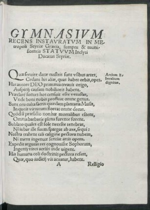 Gymnasium Recens Instauratum In Metropoli Styriae Graecia, sumptu & munificentia Statuum Inclyti Ducatus Styriae.