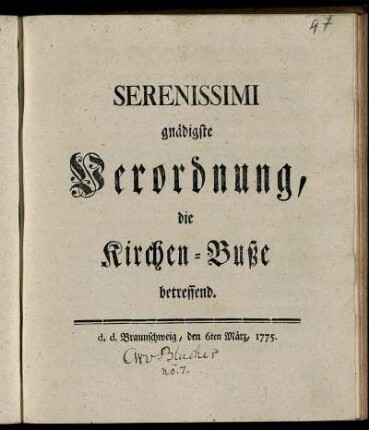 Serenissimi gnädigste Verordnung, die Kirchen-Buße betreffend