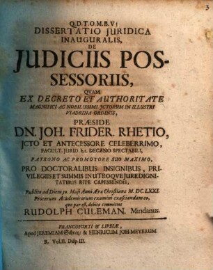 Diss. iur. inaug. de iudiciis possessoriis