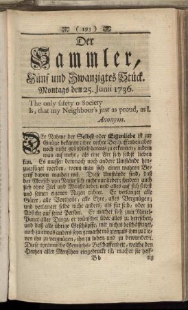 Fünf und Zwanzigstes Stück. Montags den 25. Junii 1736.