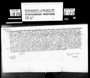 Abt Jodokus von Amorbach vidimiert für Abt Markus von Bronnbach (Brunbach) die Urkunde Kaiser Karls V. d. d. 1547, Dezember 17, Augsburg.