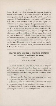 Solution d'une question de Mécanique proposée au concours d'agrégation en 1879.