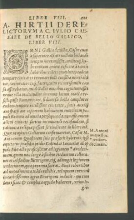 A. Hirtii De Relictorum A C. Iulio Caesare De Bello Gallico, Liber VIII.
